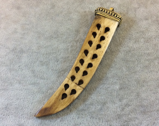4" Light Brown Flat Tusk/Claw Shaped Natural Ox Bone Pendant with Teardrop Carvings and Dotted Cap - Measuring 20mm x 105mm - (TR054-LB)