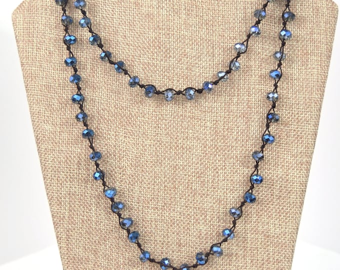 Chinese Crystal Beads | 72" - 8mm Clear Blue Rondelle Chinese Crystal Glass Beads Hand Woven Necklace - Holiday Special!