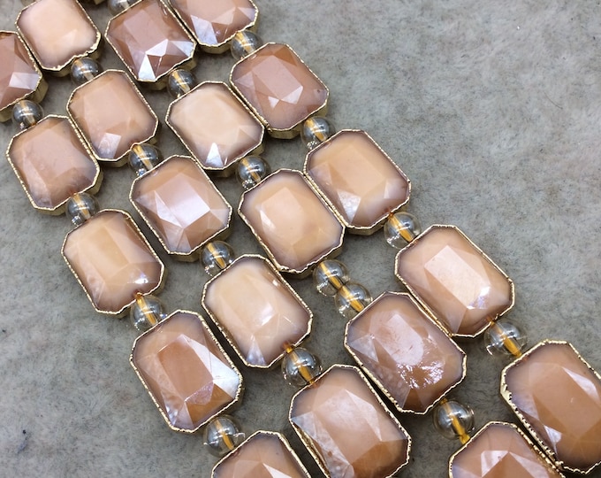 Chinese Crystal Beads | 13mm x 18mm Gold Electroplated Glossy Finish Faceted Opaque Pale Peach Rectangle Glass Beads