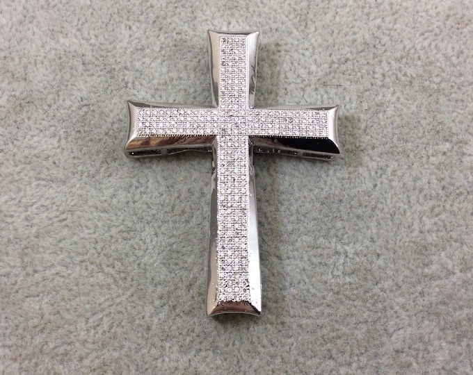 Silver Plated CZ Cubic Zirconia Large Cross Shaped Copper Slider - Measures 40mmx 53mm, Approx.  - Sold Individually, RANDOM