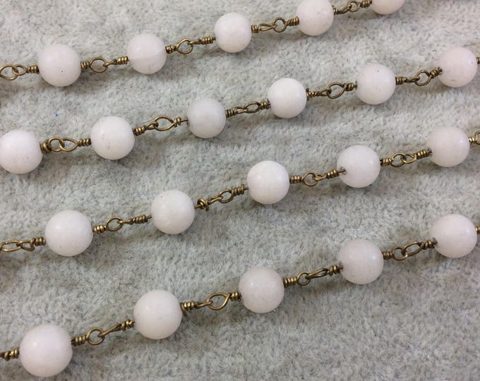 Brass Plated Copper Wrapped Rosary Chain with 8mm Matte Cream/Off-White Round Shaped Beads - Sold by the foot! (CH419-BR)