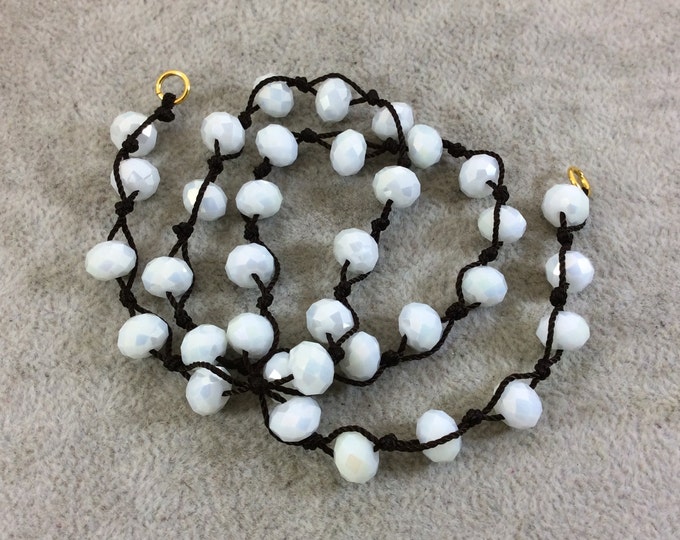 Chinese Crystal Beads | 18" Dark Brown Thread Necklace Section with 8mm Faceted AB Finish Rondelle Shaped Opaque Antique White Glass Beads