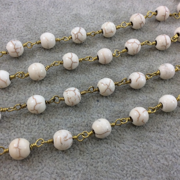 Gold Plated Copper Wrapped Rosary Chain with 8mm Smooth Natural Off White Howlite Round Shaped Beads - Sold by the foot! (CH397-GD)