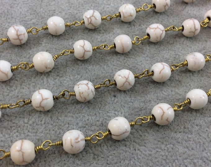Gold Plated Copper Wrapped Rosary Chain with 8mm Smooth Natural Off White Howlite Round Shaped Beads - Sold by the foot! (CH397-GD)