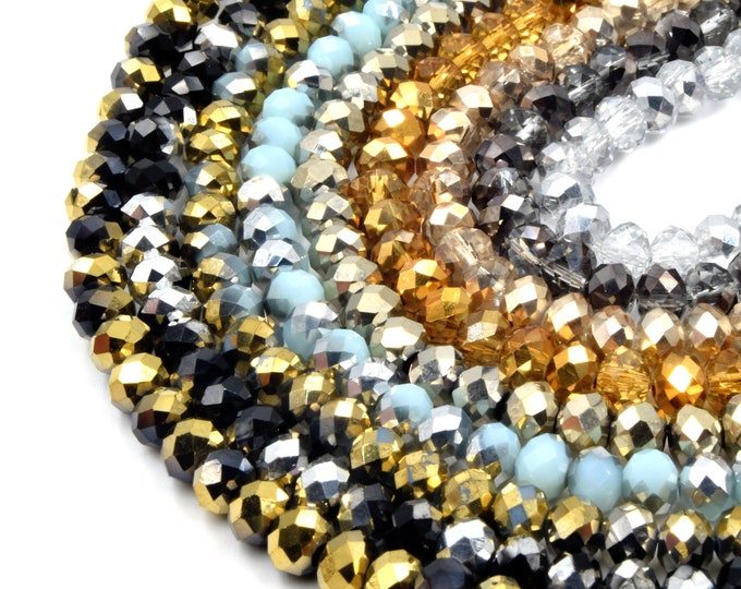 Chinese Crystal Beads | 6mm Faceted Bi-Color Metallic Rondelle Shaped Crystal Beads | Gold, Silver, Black, Blue
