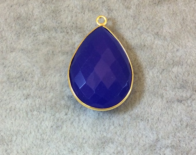 Gold Finish Faceted Cobalt Blue Chalcedony Pear/Teardrop Shaped Bezel Pendant Component - Measuring 18mm x 24mm - Natural Gemstone