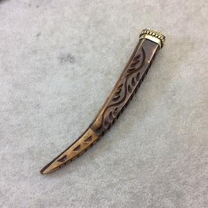 SALE - 4.5&quot; Warm Brown Squared Tusk/Claw Shaped Ox Bone Pendant with Carved Teardrops and Gold Cap - Measuring 18 x 105mm - (TR45WBSQCT)