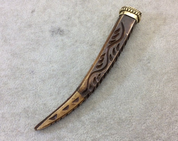 SALE - 4.5" Warm Brown Squared Tusk/Claw Shaped Ox Bone Pendant with Carved Teardrops and Gold Cap - Measuring 18 x 105mm - (TR45WBSQCT)