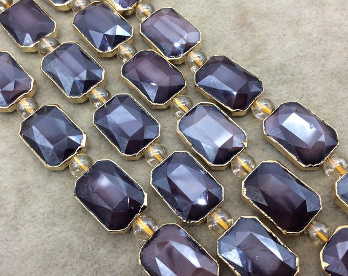 Chinese Crystal Beads | 13mm x 18mm Gold Electroplated Glossy Finish Faceted Opaque Orchid Purple Rectangle Glass Beads