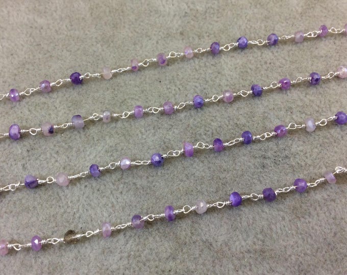 Silver Plated Copper Rosary Chain with Faceted 3-4mm Rondelle Shaped Mystic Coated Lilac/Purple Moonstone Beads - Sold Per Ft - (CH145-SV)