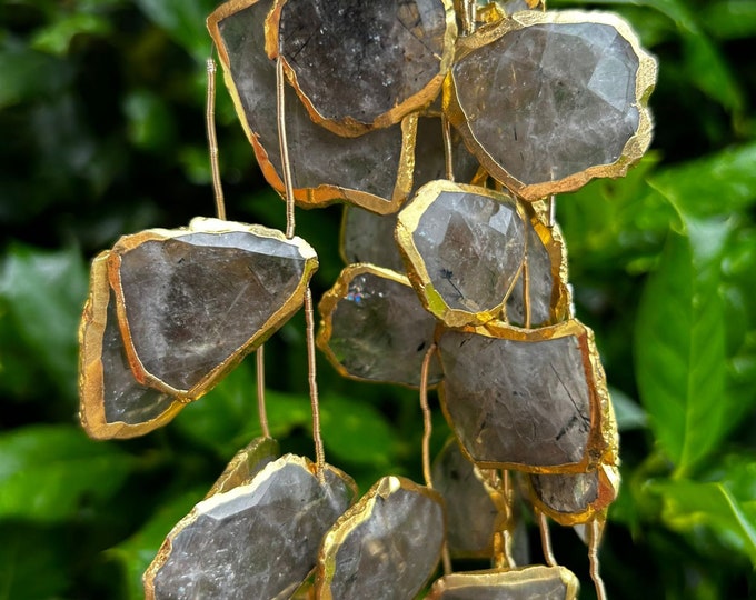 Gold Electroplated Rutilated Quartz Top-Drilled Beads - 9.5 inch Strand | Faceted Freeform Slab Shape | Natural Gemstone Beads