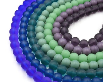 Indian Glass Beads | 10mm Matte Round Shaped Indian Beach Glass Beads | Purple Blue Green Available