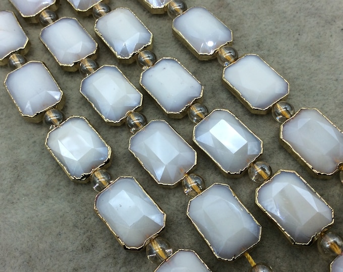 Chinese Crystal Beads | 13mm x 18mm Gold Electroplated Glossy Finish Faceted Opaque White Crystal Rectangle Glass Beads