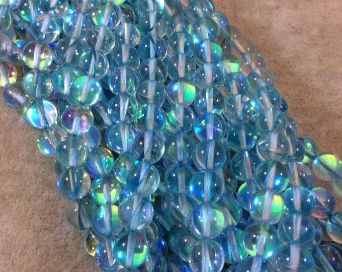 Aqua Round/Ball Shaped Transparent smooth 6mm | 8mm Synthetic Glass Moonstone Beads - 15" Strand  Manmade Faux Gemstone