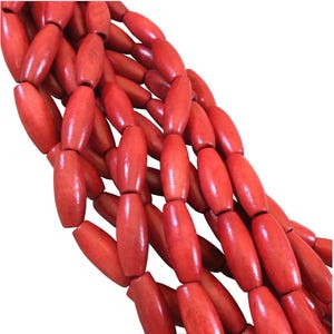 Bright Red Natural Wood Tube/Barrel Beads - 14.5&quot; Strand (Approx. 24 Beads) - Measuring 7mm x 16mm - 2mm Hole Size - Sold by the Strand