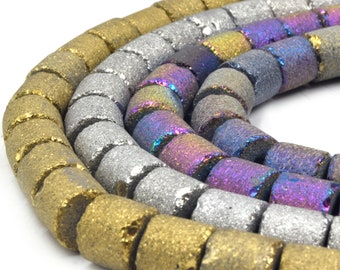 Druzy Glass Beads | Frosted Metallic Tube Shaped Glass Beads | Titanium Coated Glass Bead | Gold Silver Purple Rainbow Available