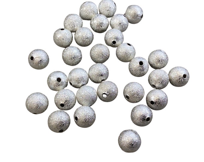 10mm Sandblasted Stardust Finish Bright Silver Base Metal Round/Ball Shape Beads with 2mm Holes - Loose, Sold in Pre-Packed Bags of 30 Beads