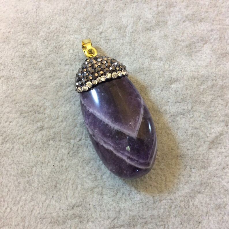 Measuring 20mm x 45mm Approx - Sold Individually Rhinestone Encrusted Smooth Natural Amethyst Nugget Pendant with Attached Bail