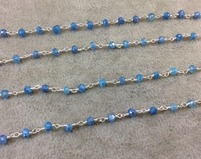 Silver Plated Copper Rosary Chain with Faceted 3-4mm Rondelle Shaped Mystic Coated Medium Blue Moonstone Beads - Sold Per Ft - CH143-SV