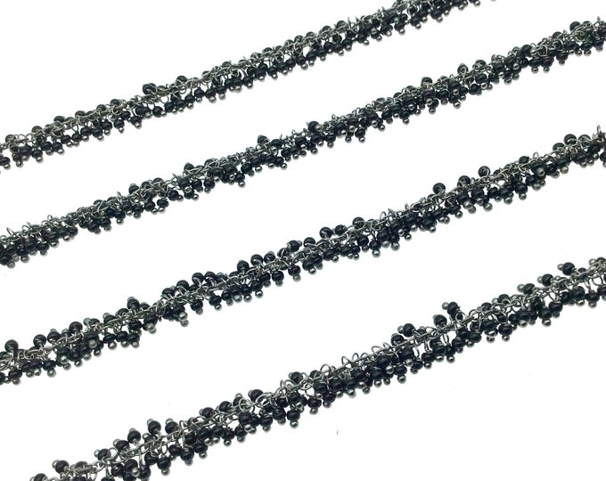 Gunmetal Plated Copper Double Dangle Cable Rosary Chain with 2mm Black Spinel Round Beads - Sold by 1' Cut Sections or in Bulk!