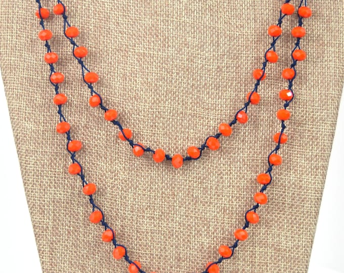 Chinese Crystal Beads | 72" - 8mm Orange with Navy Thread Rondelle Chinese Crystal Glass Beads Hand Woven Necklace -Holiday Special!