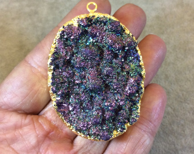 OOAK Gold Electroplated Premium Purple/Blue Titanium Druzy Oval Shaped Pendant - Measuring 41mm x 53mm, Approximately. - Sold Individually