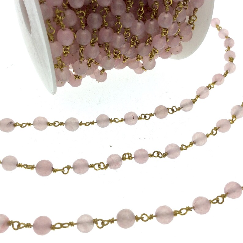 Sold by the foot! Gold Plated Copper Wrapped Rosary Chain with 6mm Faceted Pink Agate Round Shaped Beads