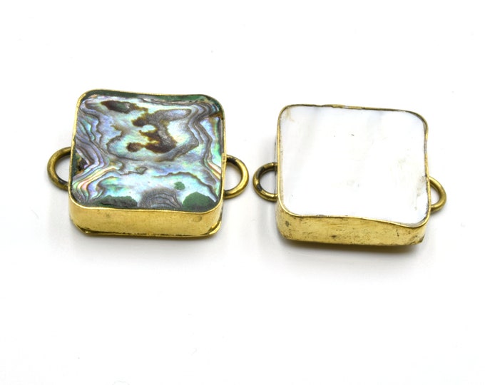 Iridescent Rainbow Natural Abalone Shell Square Shaped Gold Plated Bezel Connector