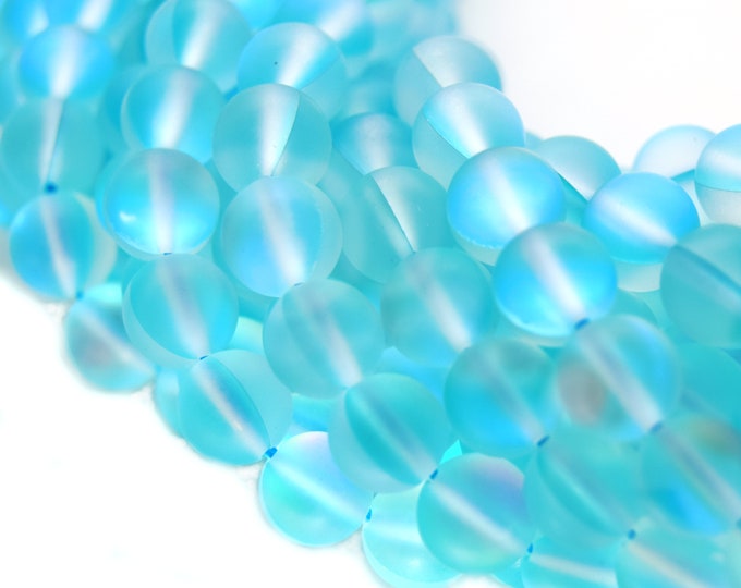 Synthetic Moonstone Beads | Mystic Aura Quartz Beads | Turquoise Matte Holographic Glass Beads - 6mm 8mm 10mm 12mm Available