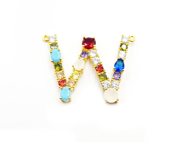 Gold Alphabet Rhinestone Pendant | Letter W Multi-color Rhinestone Pendant with Two Loops - 40mm x 35mm