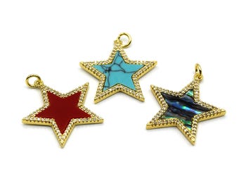 Gold Plated Gemstone Star Charms, Abalone, Coral, Howlite (25mm)