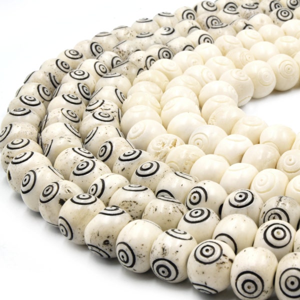 Bone Beads | Carved Ox Bone Rondelle Beads | Bullseye Carved Bone Beads |  10mm 12mm 14mm Available | White and Black