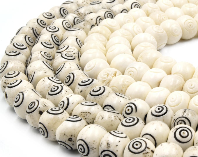 Bone Beads | Carved Ox Bone Rondelle Beads | Bullseye Carved Bone Beads |  10mm 12mm 14mm Available | White and Black