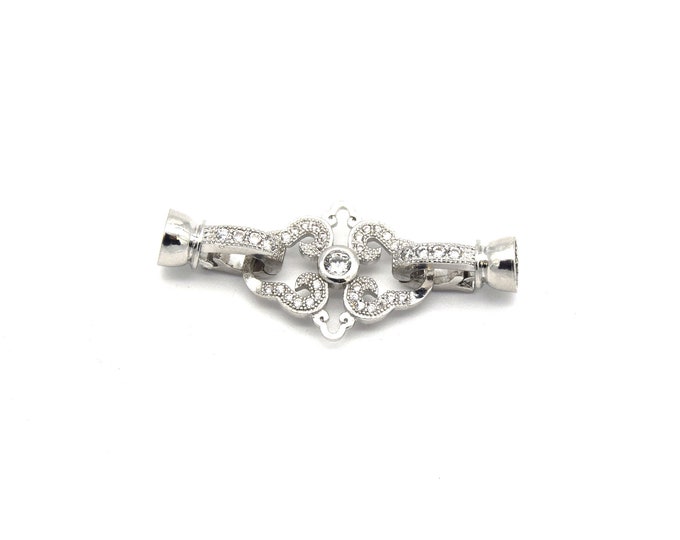 36mm Silver Plated Cubic Zirconia Encrusted/Inlaid Ornate Diamond Shaped Double Clasp Components