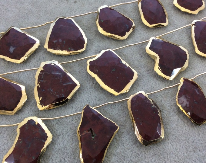 Red Jasper Faceted Beads with Gold Electroplated Edging - Top Drilled