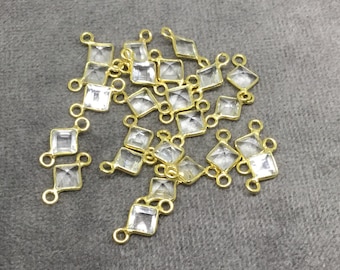 BULK PACK of Six (6) Gold Sterling Silver Pointed/Cut Stone Faceted Diamond Shaped Clear Quartz Bezel Connectors - Measuring 4 x 4mm