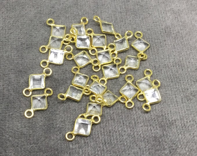 BULK PACK of Six (6) Gold Sterling Silver Pointed/Cut Stone Faceted Diamond Shaped Clear Quartz Bezel Connectors - Measuring 4 x 4mm