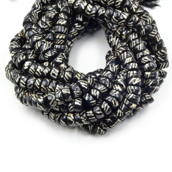 Bone Beads - Black Batik Heishi Beads with Triple Slash Design