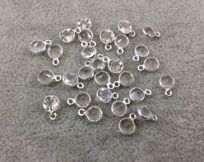 BULK LOT - Pack of Six (6) Sterling Silver Pointed/Cut Stone Faceted Round/Coin Shaped Clear Quartz Bezel Pendants - Measuring 5mm x 5mm