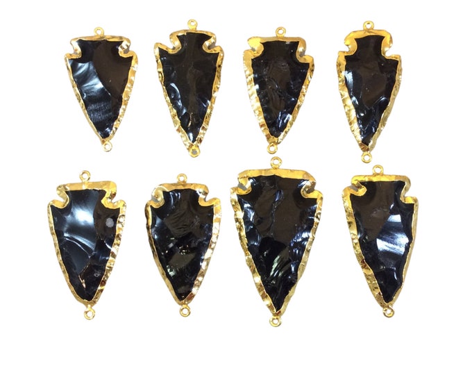 1.5-2" Gold Finish Arrowhead Shaped Electroplated Black Obsidian Connector - Measuring 40mm-50mm Long - Sold Individually, Randomly Chosen