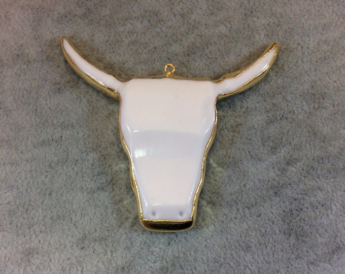 Flat Gold Electroplated White/Off White Acrylic Steer Skull Shaped Focal Pendant - Measuring 67mm x 62mm, Approximately - Sold Individually