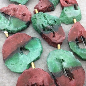 Red/Green Druzy Agate Geode Slab Beads: Natural Gemstone Strand