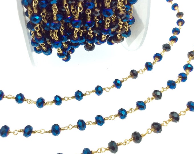 Gold Plated Copper Rosary Chain with 6mm Faceted Opaque AB Metallic Blue Glass Crystal Beads - Sold by the Foot! - Beaded Chain