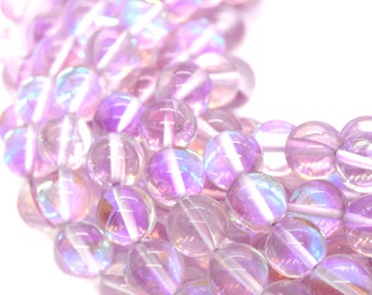 Synthetic Moonstone Beads | Mystic Aura Quartz Beads | Light Lavender Holographic Glass Beads - 6mm 8mm 10mm 12mm Available