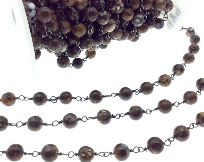 Gunmetal Plated Copper Wrapped Rosary Chain with 8mm Smooth Fire Lace Agate Round Shaped Beads - Sold by the foot!