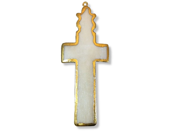 Gold Electroplated Beige/White Cross Shaped Natural Carved Bone Focal Pendant Measuring 30mm x 78mm Approximately Sold Individually )