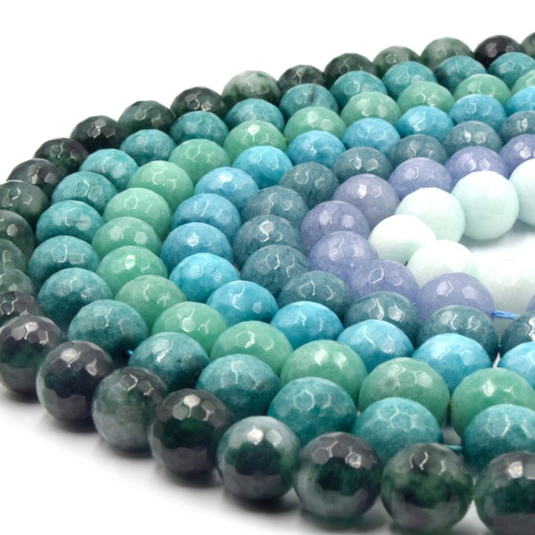 Faceted Jade Beads | 12mm Faceted Dyed Green Gray Blue Jade Round Beads with 1mm Holes - Sold by 15.5" Strands (~ 32 Beads)