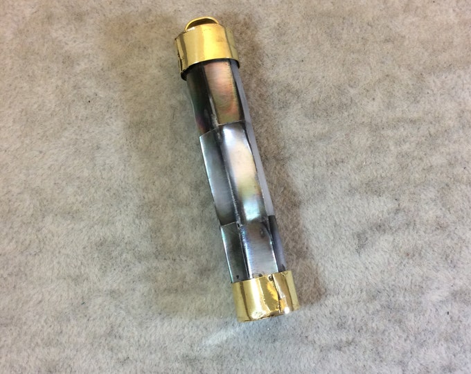 2.5" Mixed Gray Cylinder Shaped Natural Iridescent Abalone Shell Pendant with Plain Gold Plated Cap - Measuring 12mm x 62mm - (TR25GRCYAB)