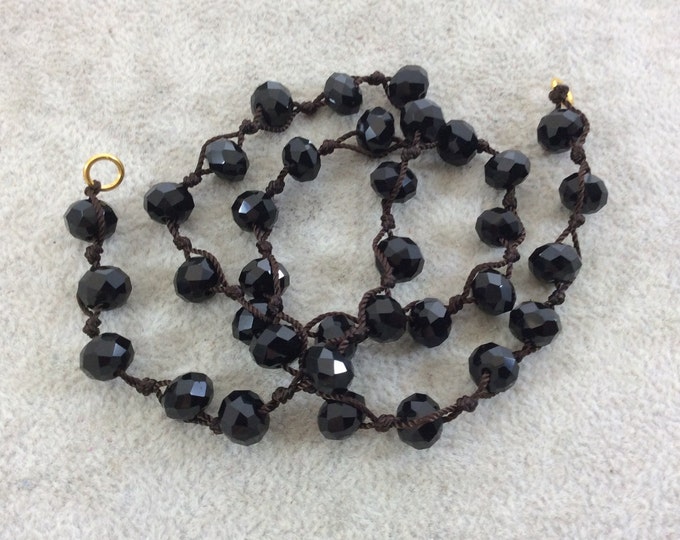 Chinese Crystal Beads | 18" Dark Brown Thread Necklace Section with 8mm Faceted Glossy Finish Rondelle Shaped Opaque Jet Black Glass Beads