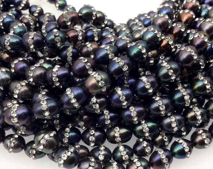 7mm x8mm Rhinestone Hemisphere Black Peacock Pearl Potato Shaped Beads - Sold in Packs of Six (6) - Natural Semi-Precious Loose Gemstone